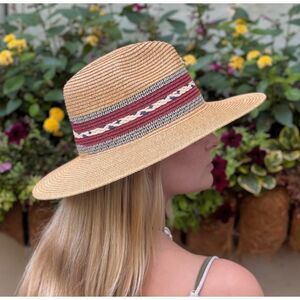 NWT Natural Braided Trim Panama Hat, Maroon/Navy Stripe, Sz. 23.5 Circumference